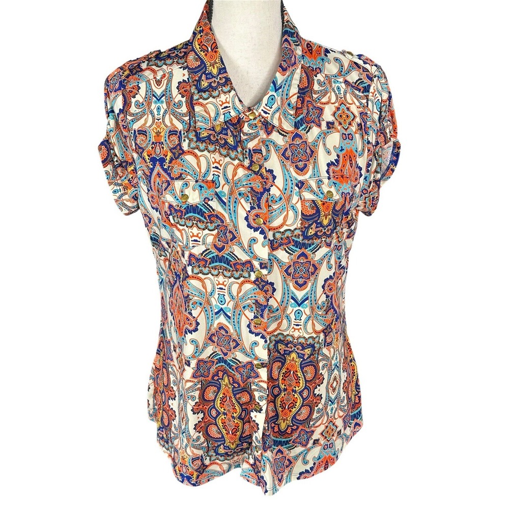 BCBG Max Azria Women's Top Stretch Snap Button-Front Sz M Vibrant Print Blouse